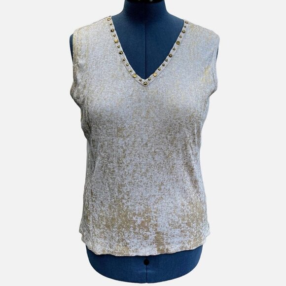 GREAT NORTHWEST Ribbed Sleeveless Top Size L Tan Gold Studs & Glitter Stretch - Picture 3 of 15